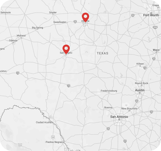 Map showing West Texas Rehab locations in Abilene and San Angelo, Texas.